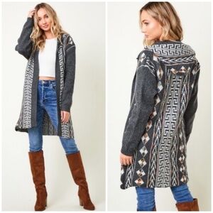 Gray Native Cowichan Aztec Boho Bohemian Western Hooded Cardigan Sweater
